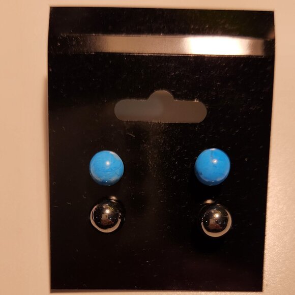Two Pairs of Rounded Stud Earrings - Turquoise Blue & Dark Silver - Picture 1 of 3